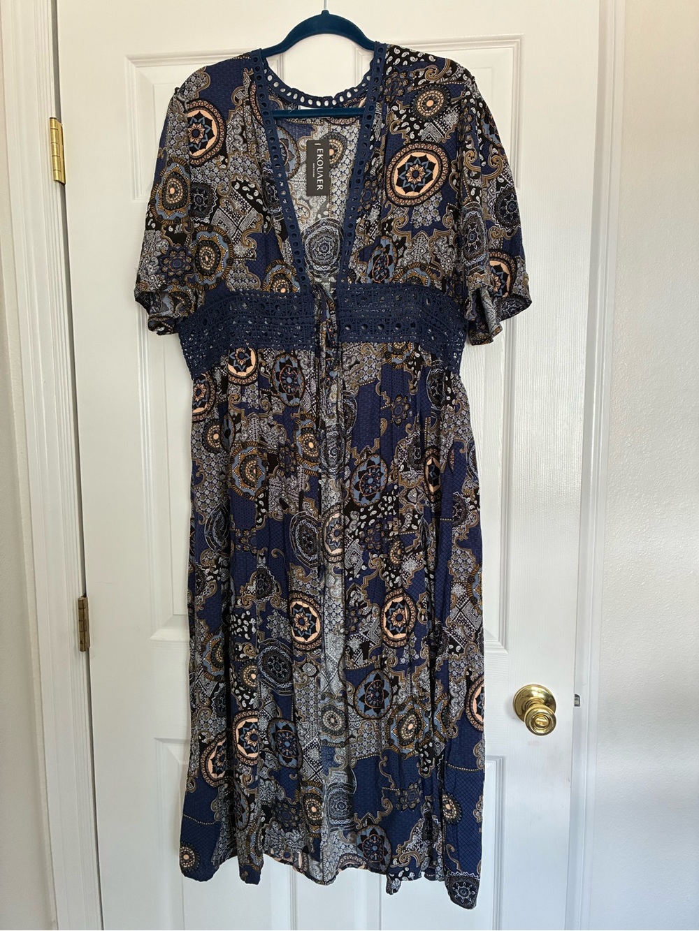 Boho Navy Printed Midi Cover with Crochet Waist